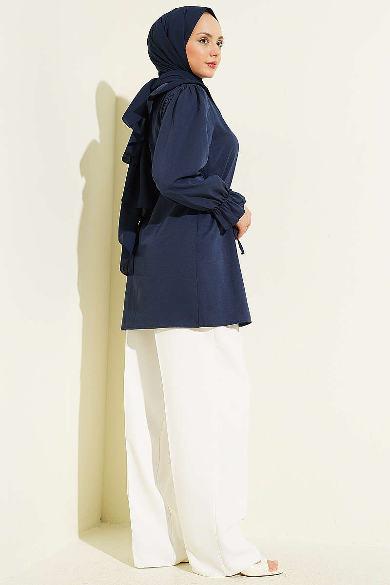 Embroidered Peter Pan Collar Shirt with Ties - Navy