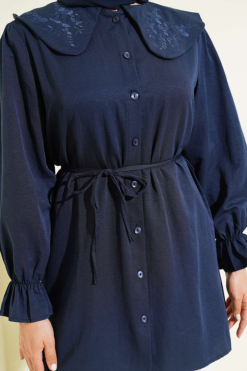Embroidered Peter Pan Collar Shirt with Ties - Navy