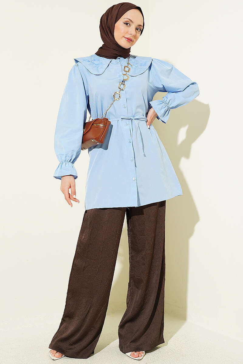 Embroidered Peter Pan Collar Shirt with Ties - Blue