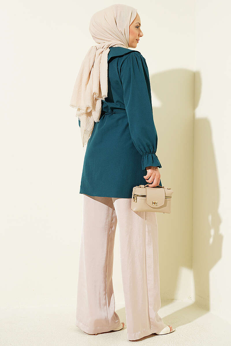 Embroidered Peter Pan Collar Shirt with Ties - Teal