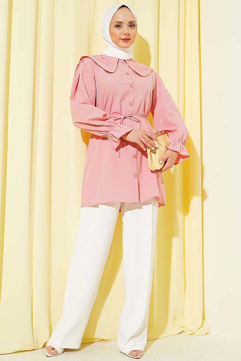 Embroidered Peter Pan Collar Shirt with Ties - Powder