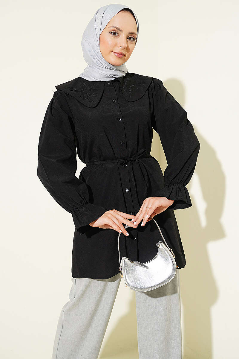 Embroidered Peter Pan Collar Shirt with Ties - Black