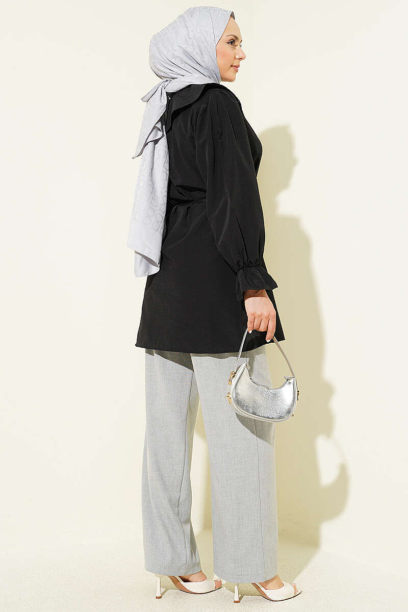 Embroidered Peter Pan Collar Shirt with Ties - Black
