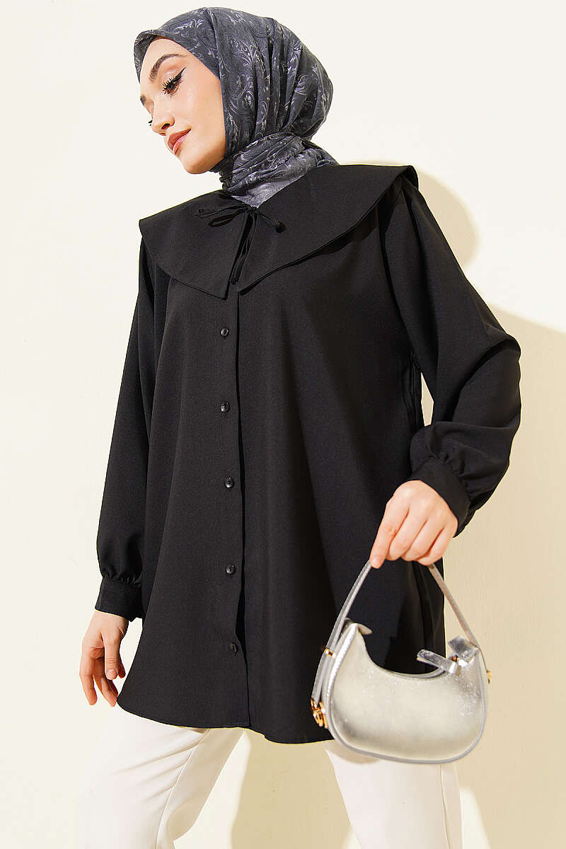 Peter Pan Collar Shirt with Ties - Black