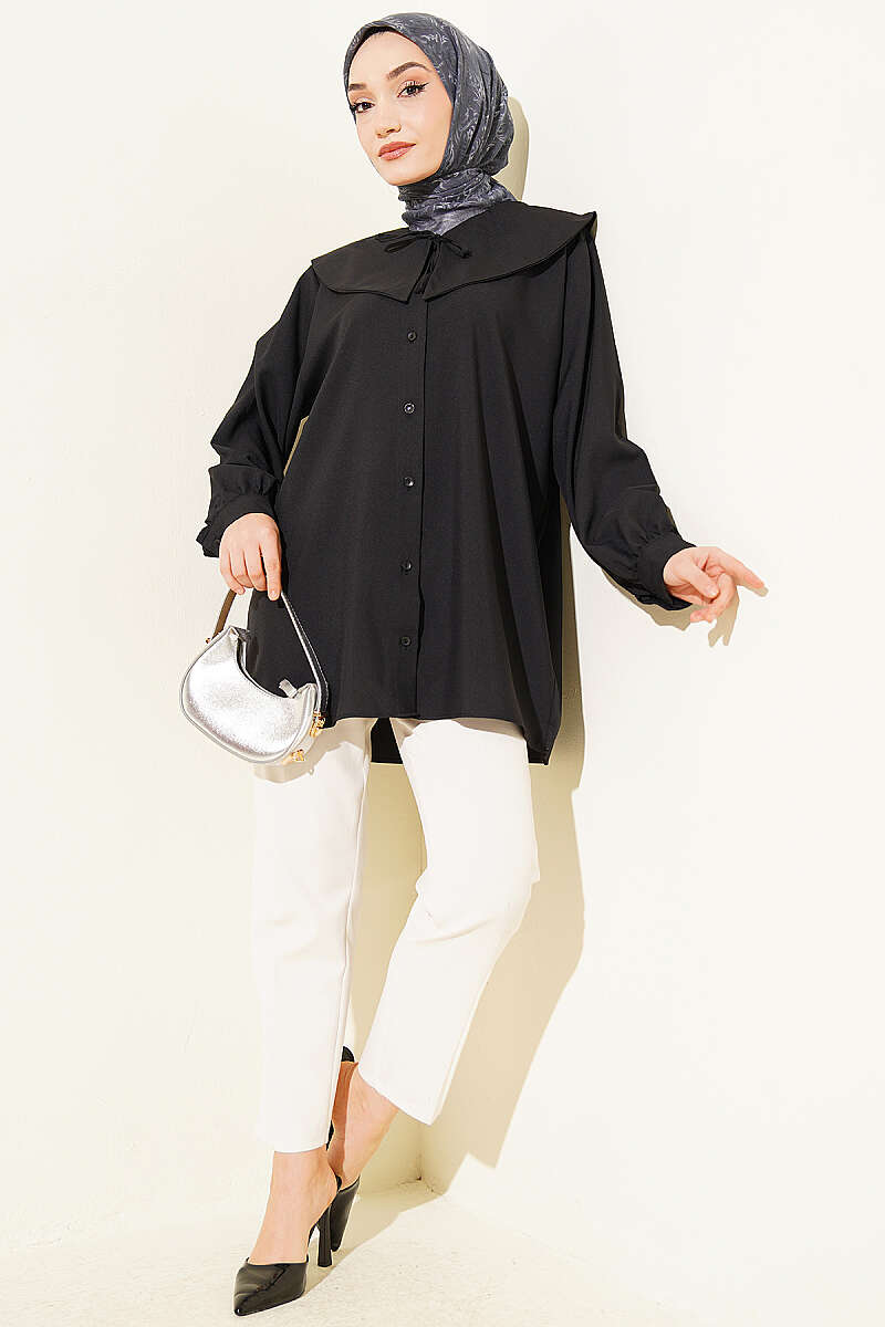 Peter Pan Collar Shirt with Ties - Black