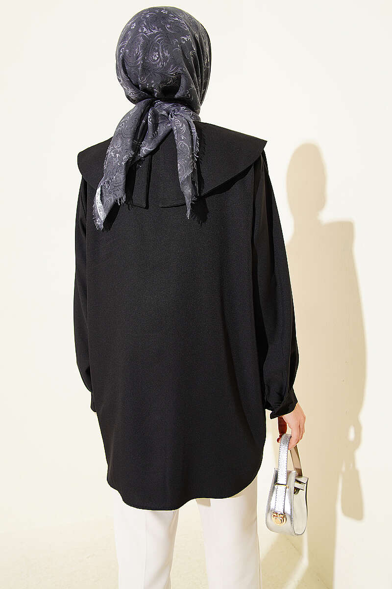 Peter Pan Collar Shirt with Ties - Black