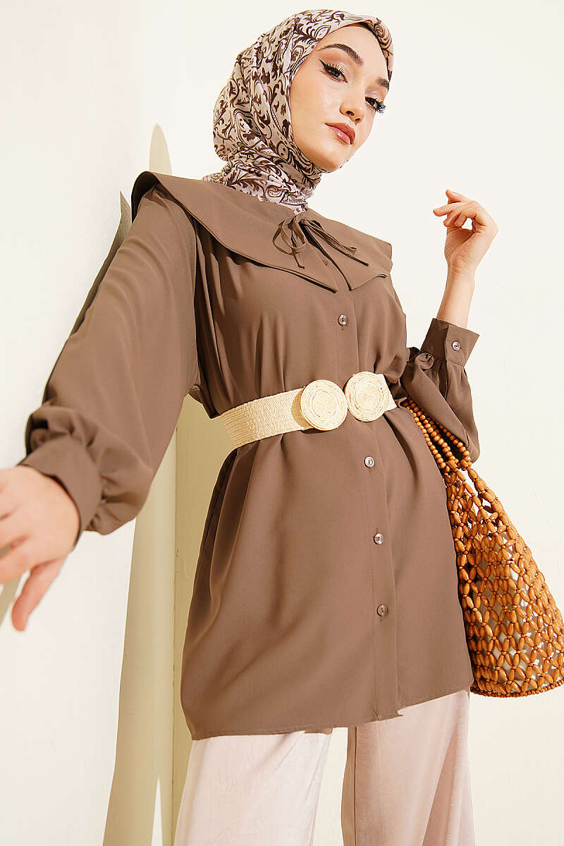 Peter Pan Collar Shirt with Ties - Mink