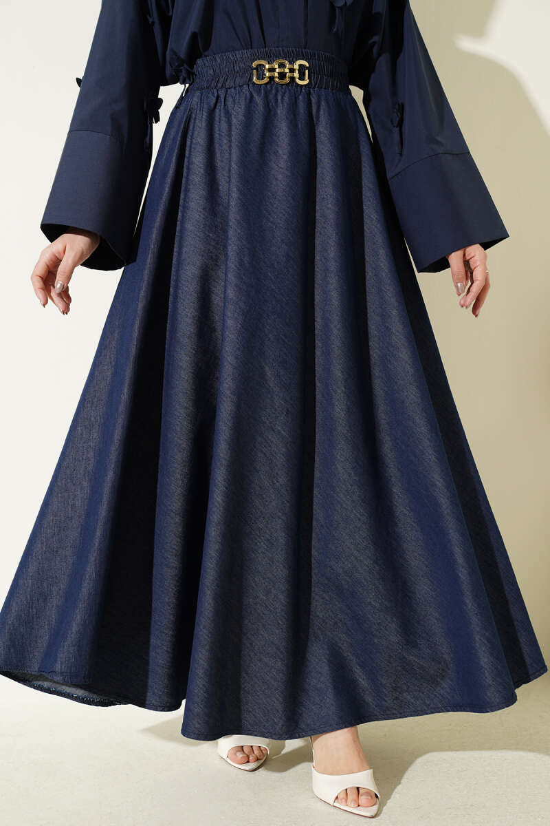 Denim Bell Skirt with Waist Accessory - Navy