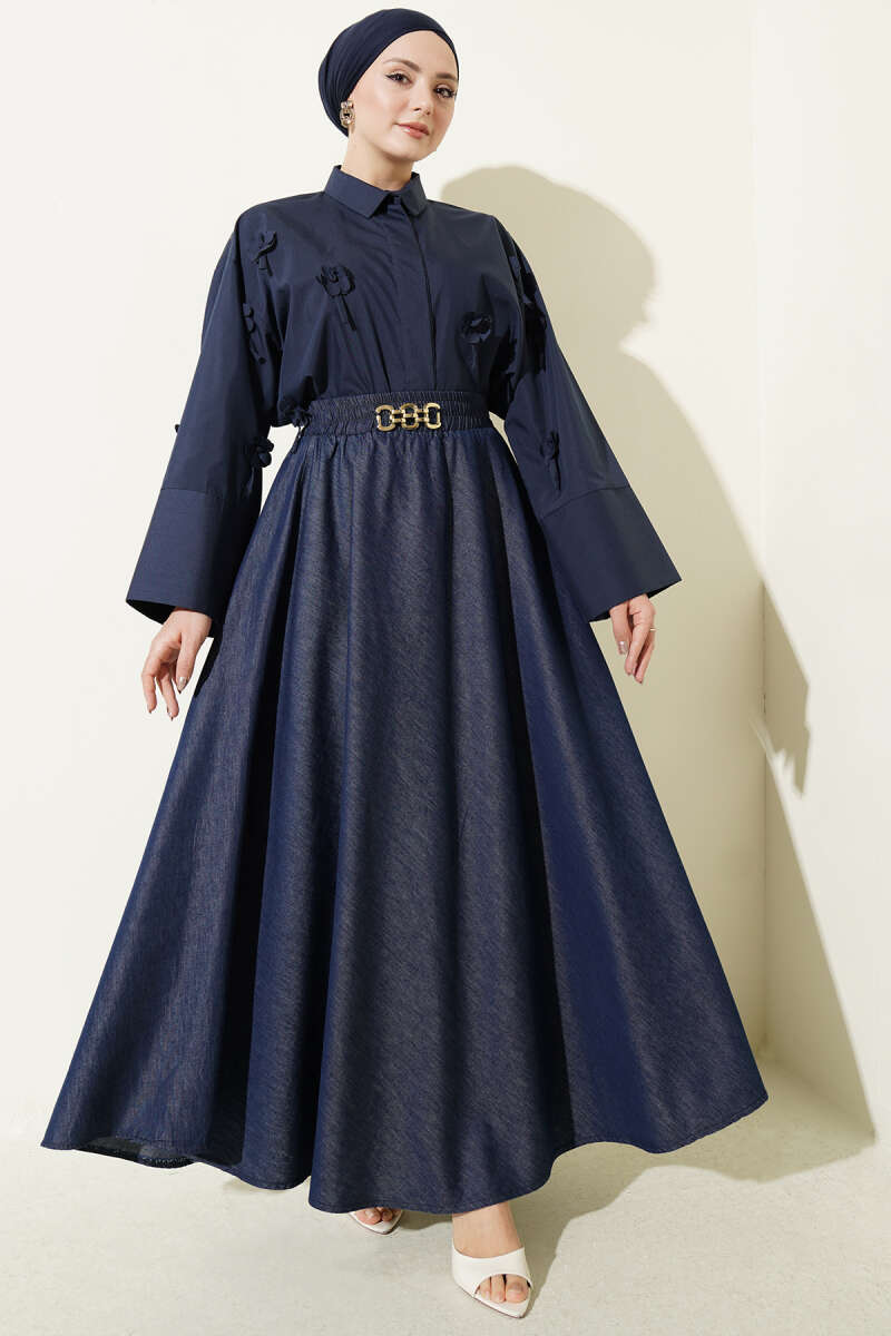 Denim Bell Skirt with Waist Accessory - Navy
