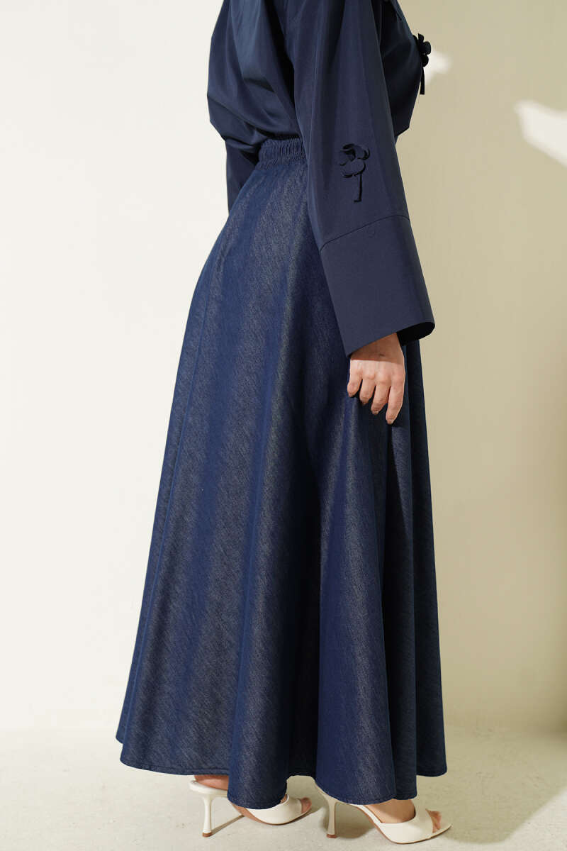 Denim Bell Skirt with Waist Accessory - Navy
