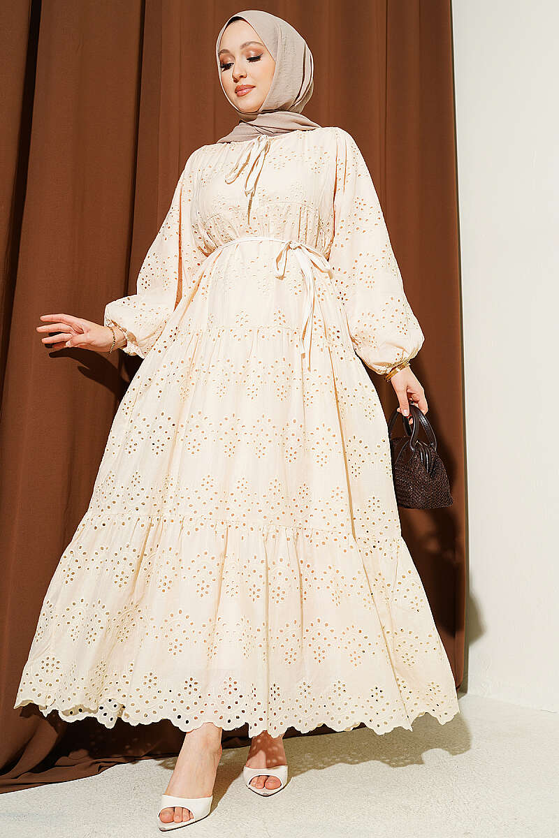 Embroidered Dress with Waist Tie - Beige