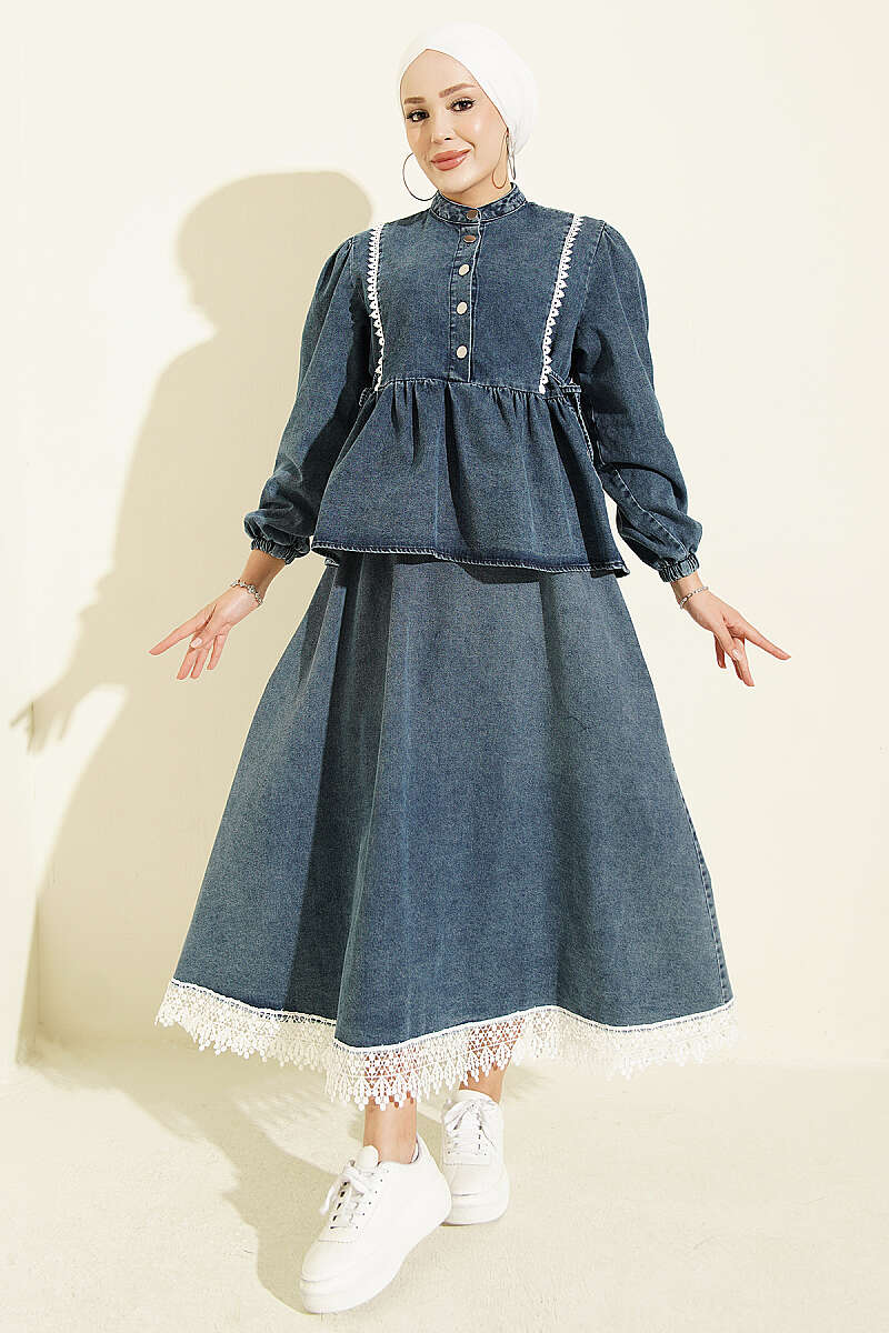 Two-Piece Guipure Skirt Set with Tie Waist - Denim Blue