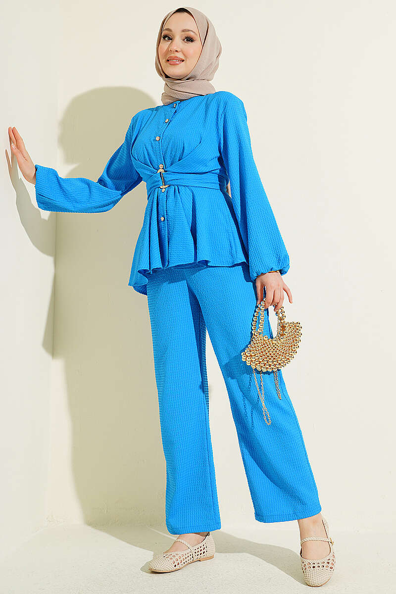 Two-Piece Set with Buckle and Tie Waist - Saxe Blue