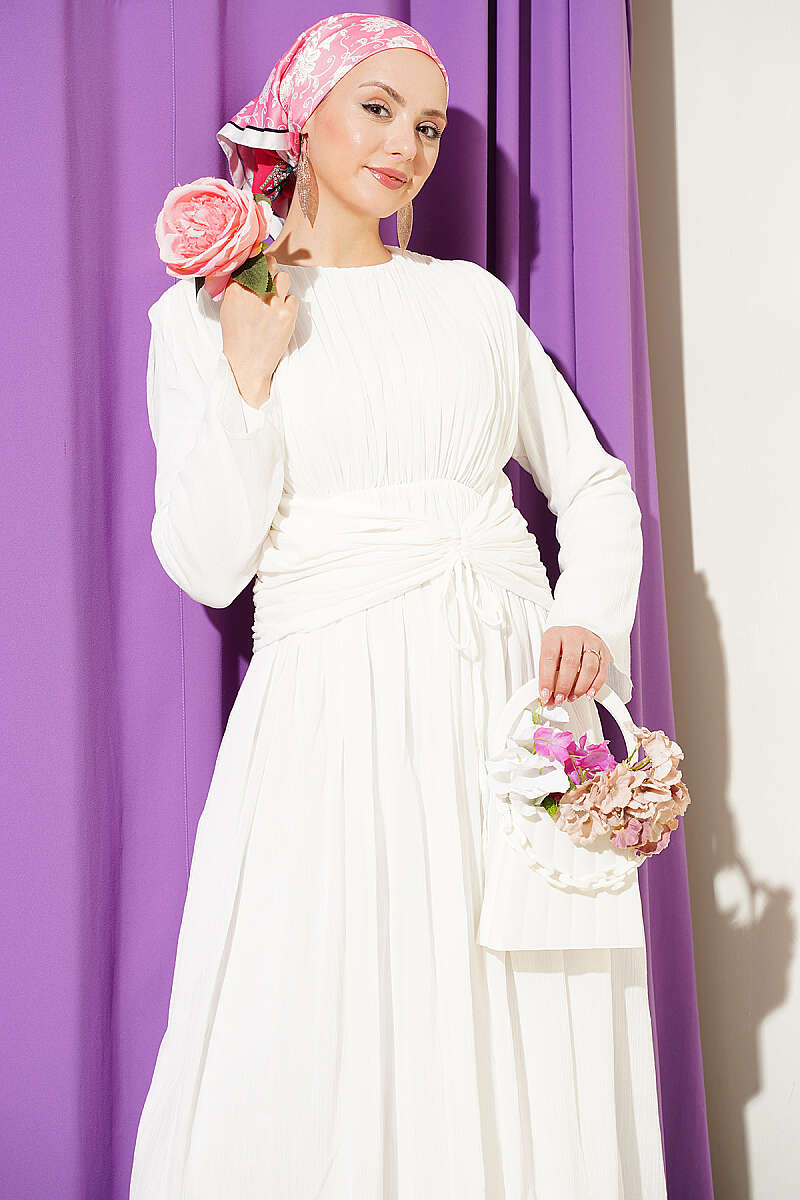 Dress with Gathered Waist - Ecru