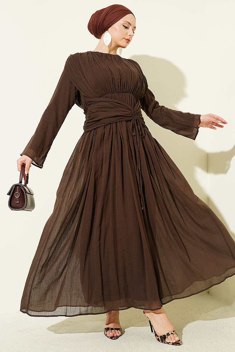 Dress with Gathered Waist - Brown