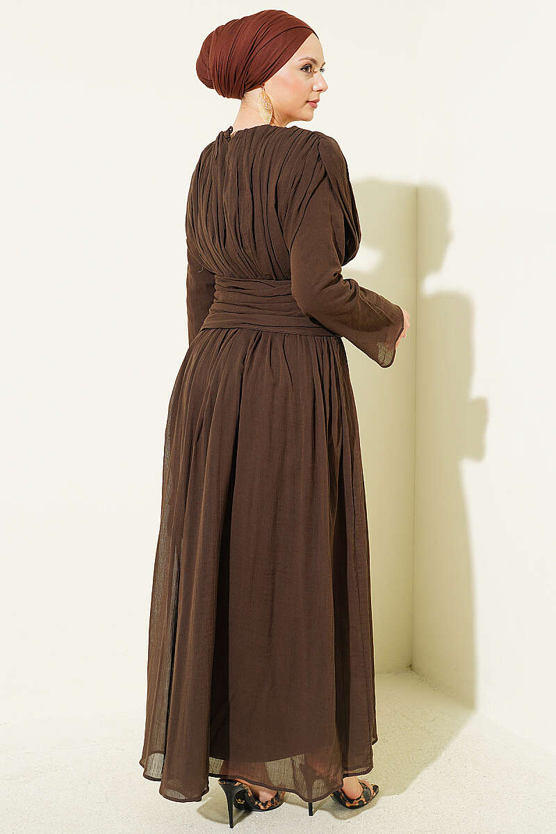 Dress with Gathered Waist - Brown
