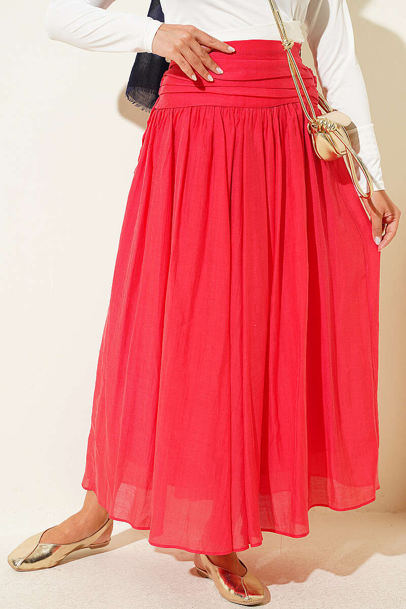 Skirt with Gathered Waist - Crimson