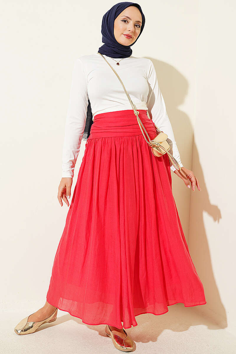 Skirt with Gathered Waist - Crimson