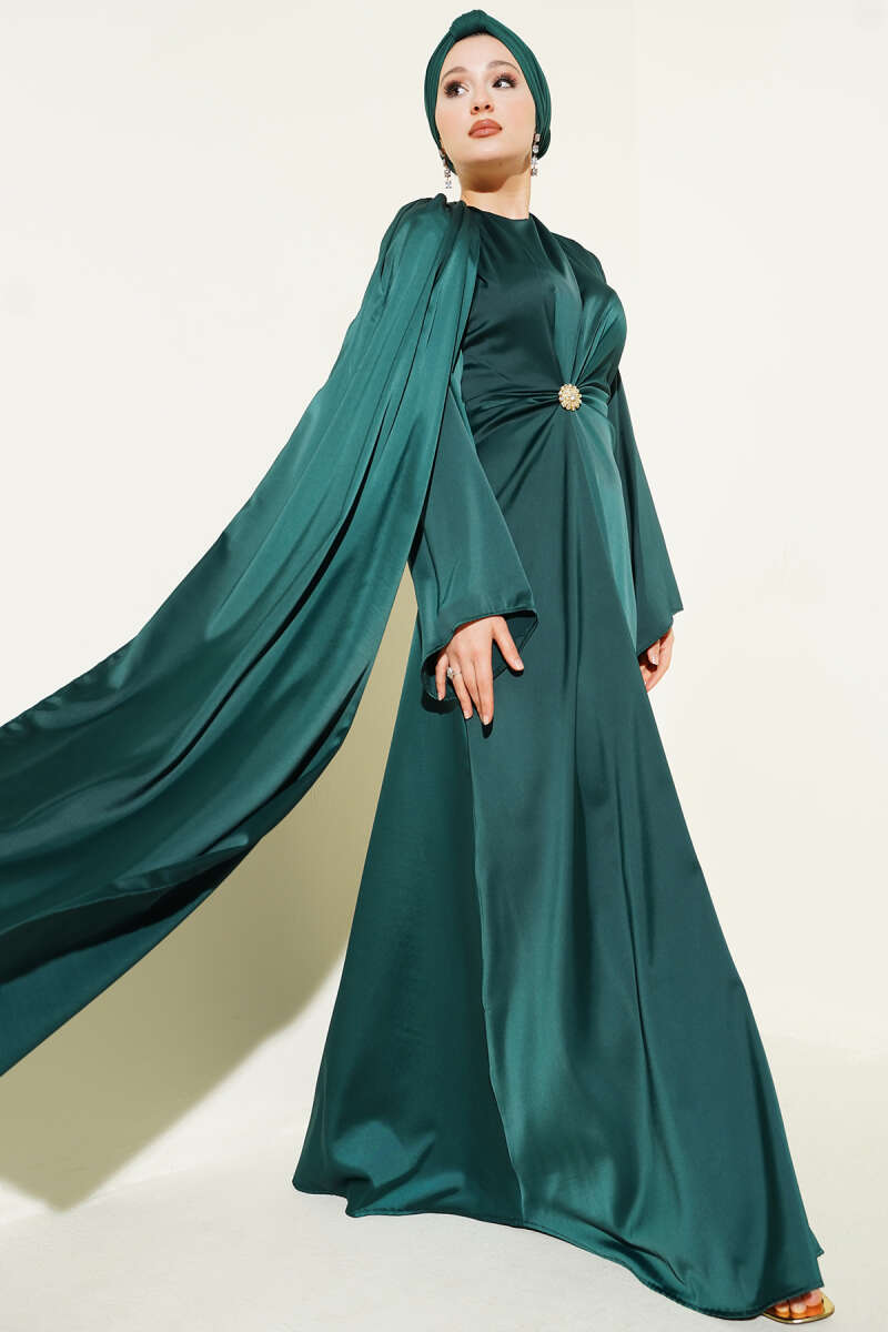Satin Evening Dress with Ruched Waist - Emerald