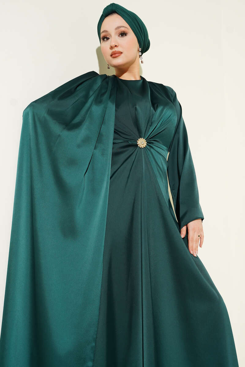 Satin Evening Dress with Ruched Waist - Emerald