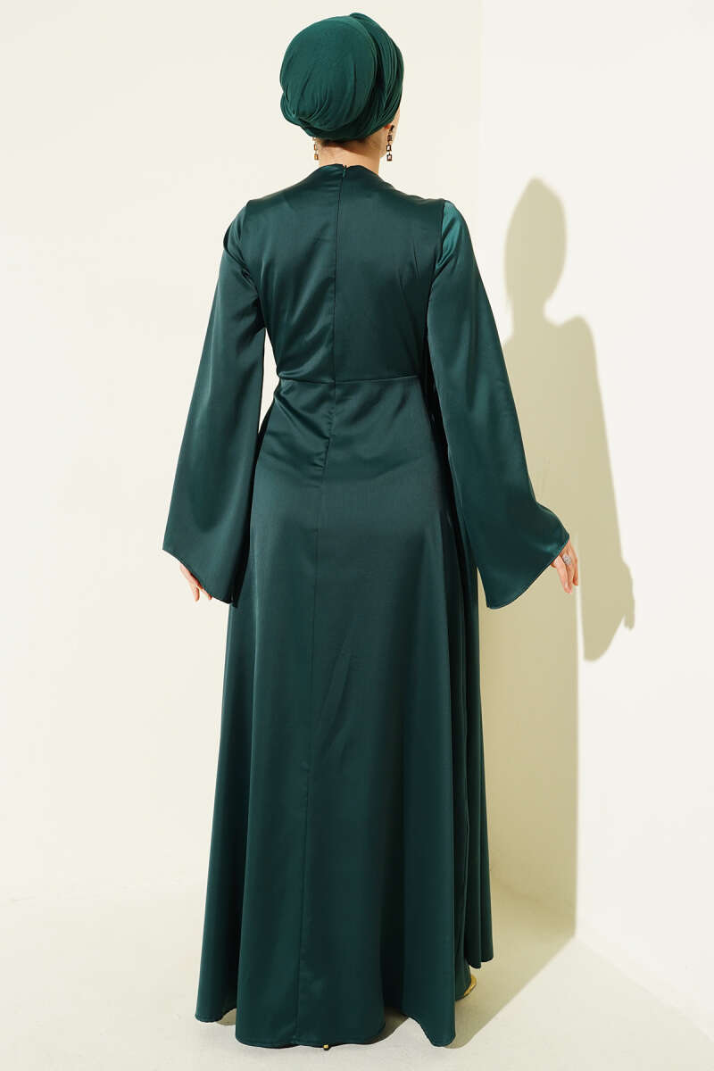 Satin Evening Dress with Ruched Waist - Emerald