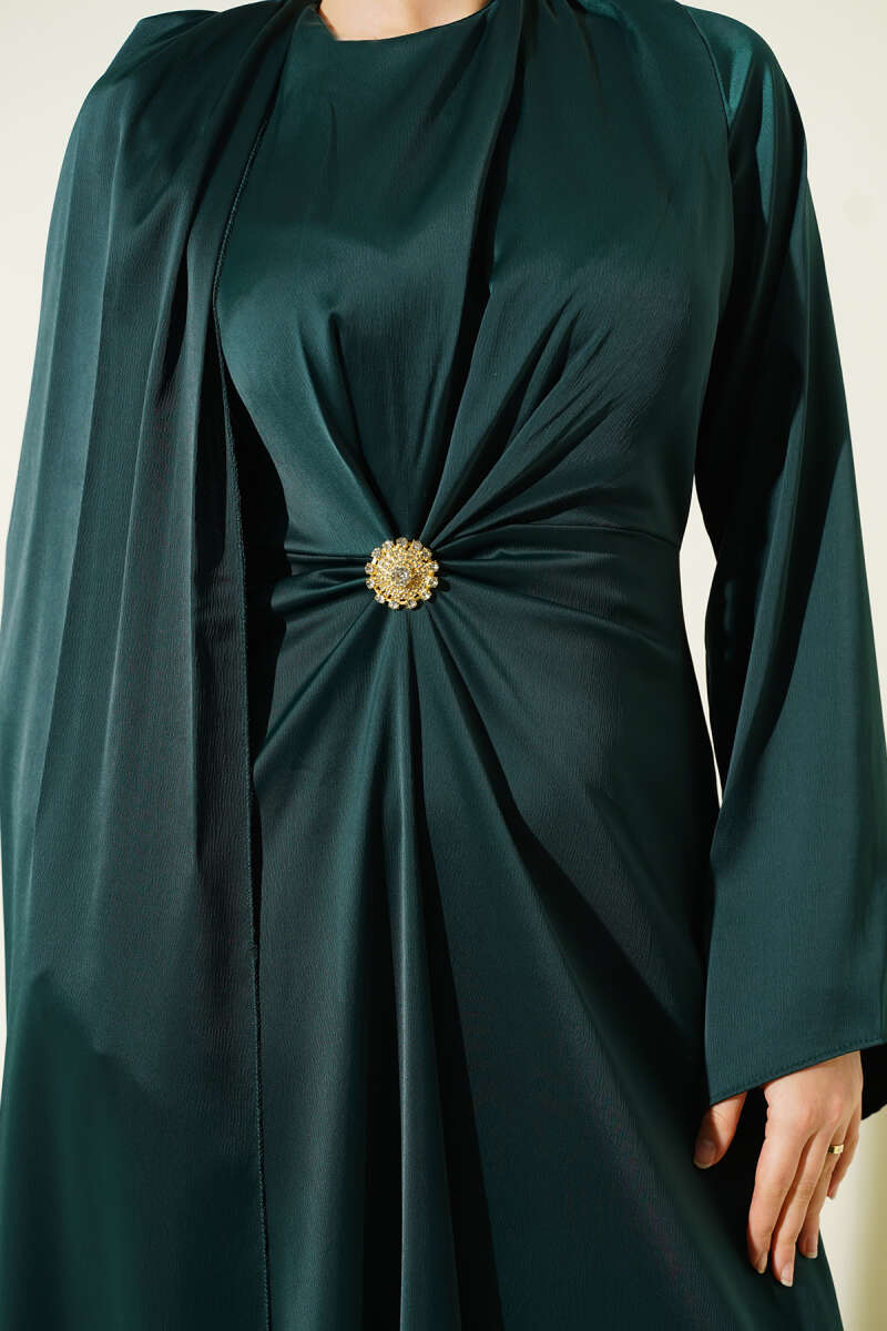 Satin Evening Dress with Ruched Waist - Emerald