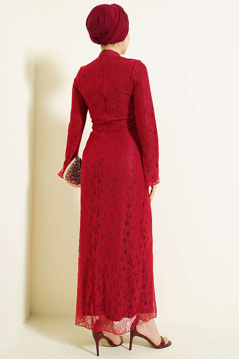 Gathered-Waist Lace Tulle Evening Dress - Burgundy