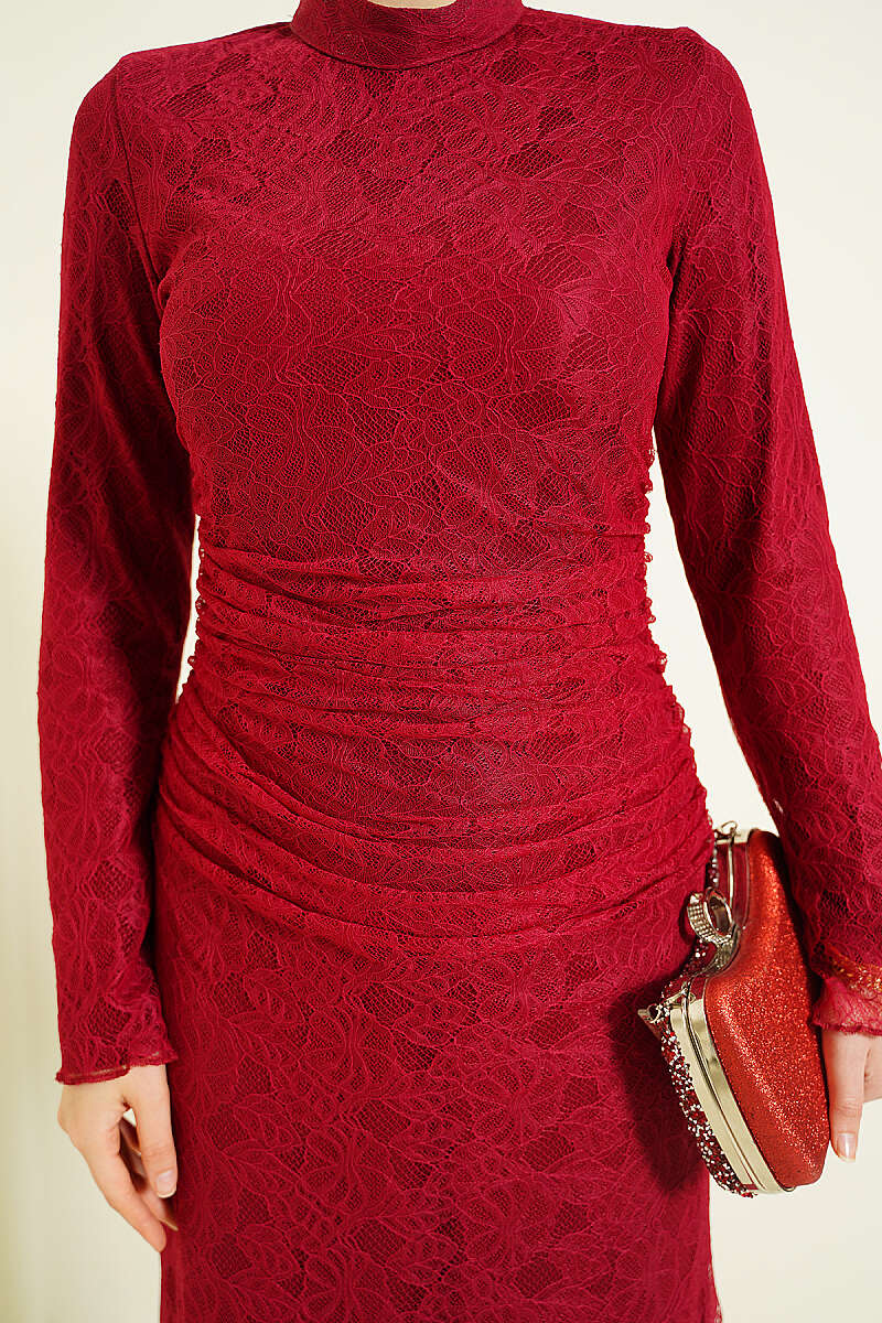 Gathered-Waist Lace Tulle Evening Dress - Burgundy