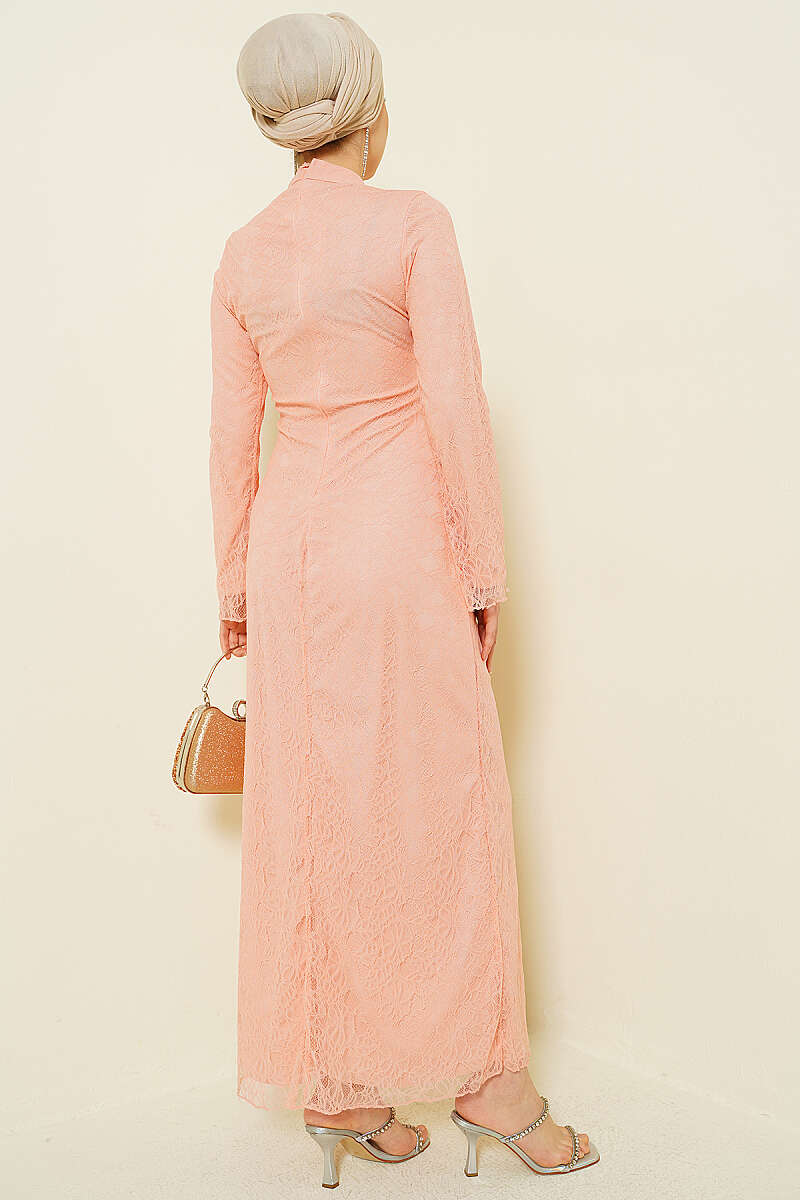 Gathered-Waist Lace Tulle Evening Dress - Salmon