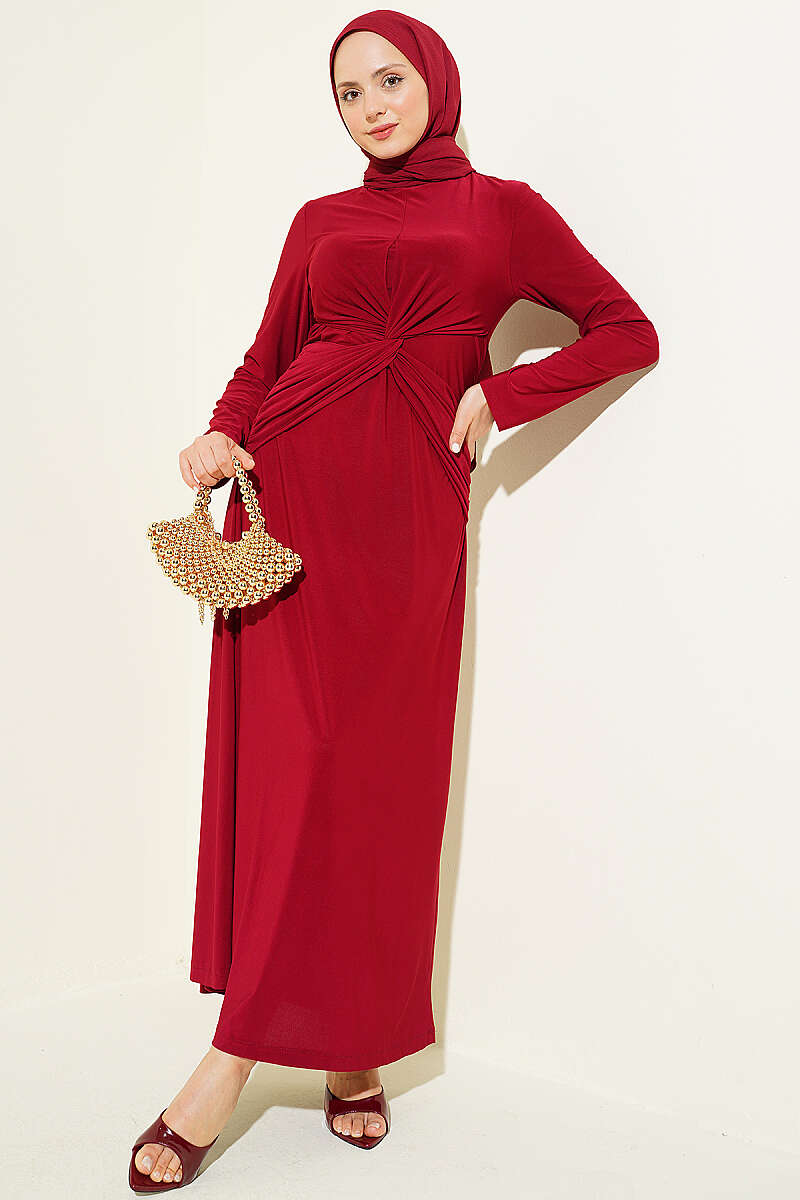 Sandy Dress with Gathered Knot Waist - Burgundy