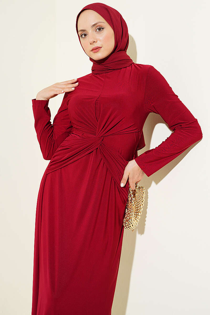 Sandy Dress with Gathered Knot Waist - Burgundy