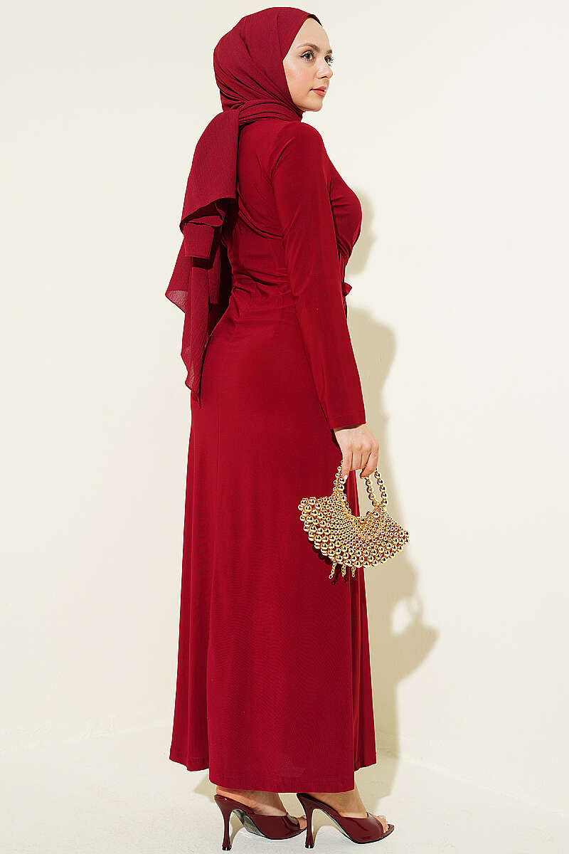 Sandy Dress with Gathered Knot Waist - Burgundy