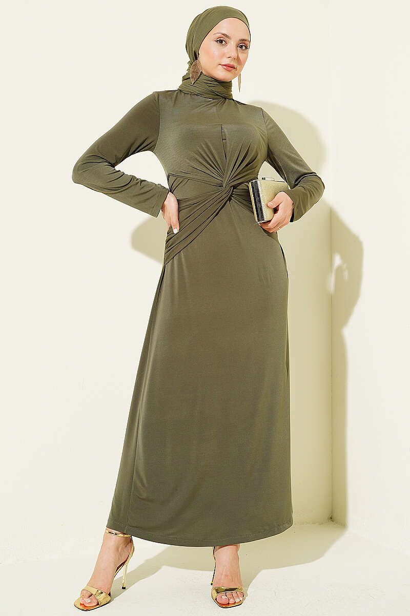 Sandy Dress with Gathered Knot Waist - Khaki