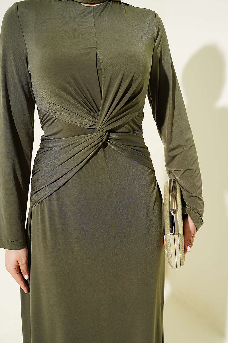 Sandy Dress with Gathered Knot Waist - Khaki