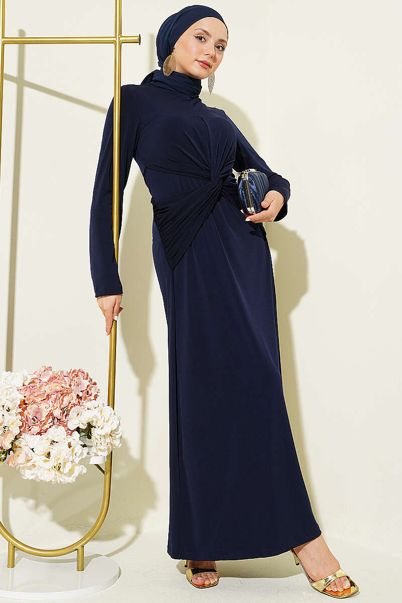 Sandy Dress with Gathered Knot Waist - Navy