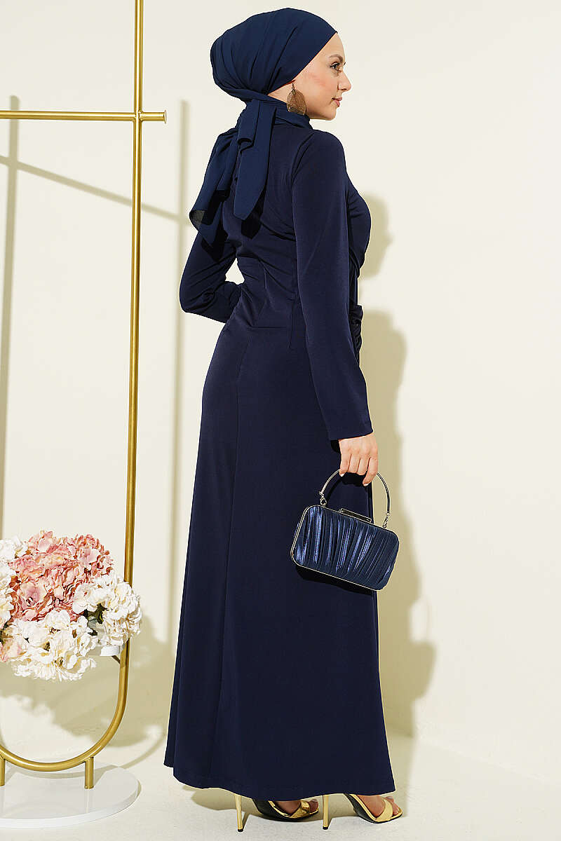 Sandy Dress with Gathered Knot Waist - Navy