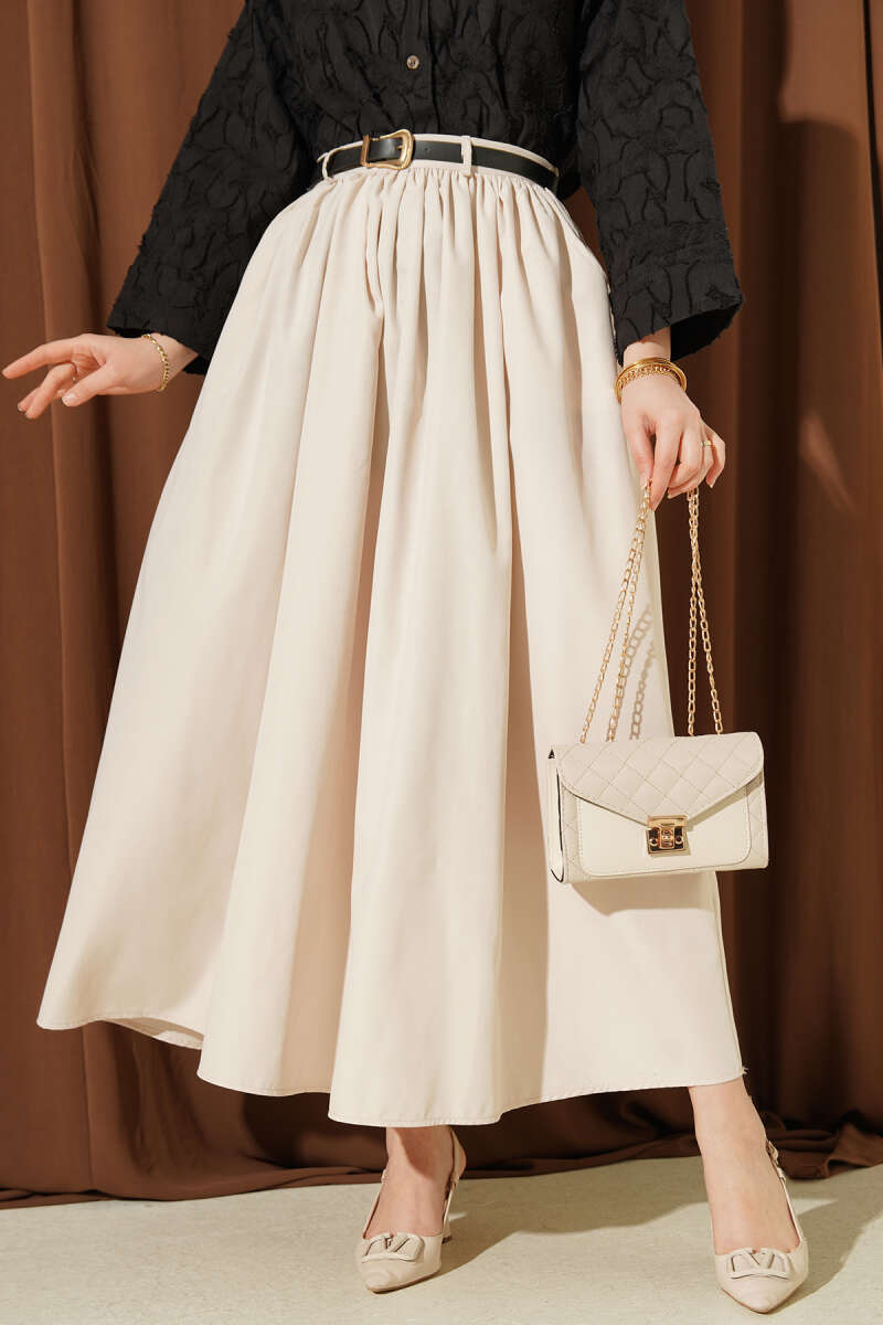 Belted Skirt with Gathered Waist and Pockets - Beige