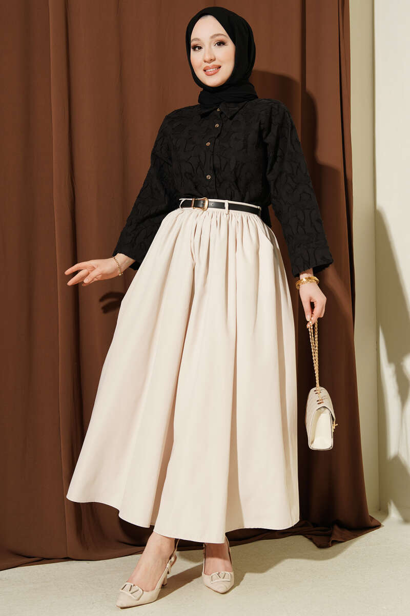 Belted Skirt with Gathered Waist and Pockets - Beige