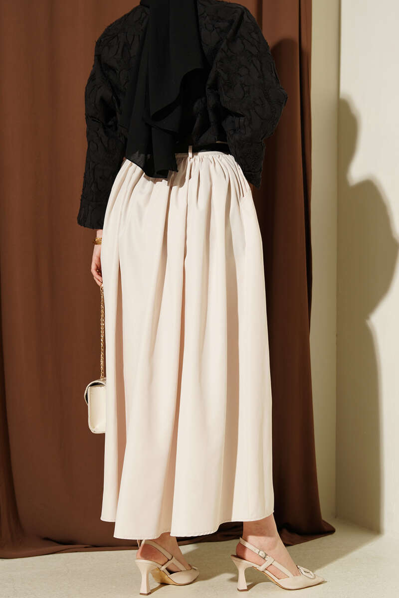 Belted Skirt with Gathered Waist and Pockets - Beige