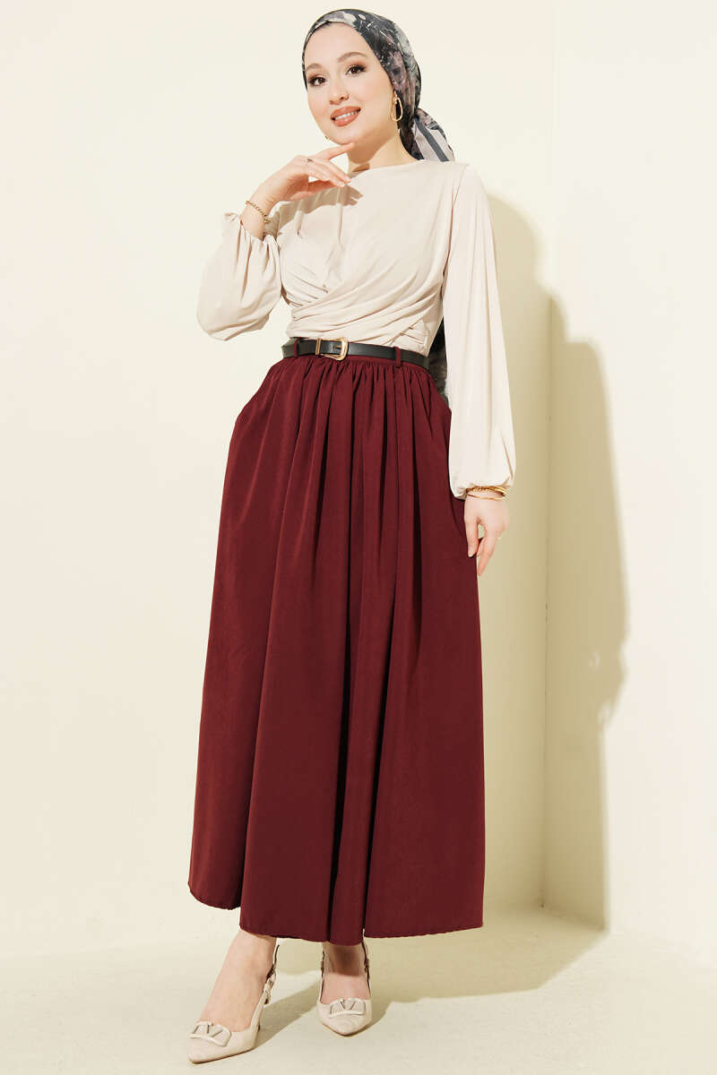 Belted Skirt with Gathered Waist and Pockets - Burgundy