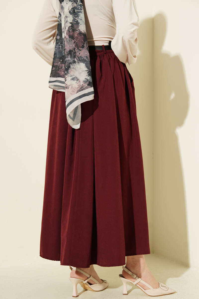 Belted Skirt with Gathered Waist and Pockets - Burgundy