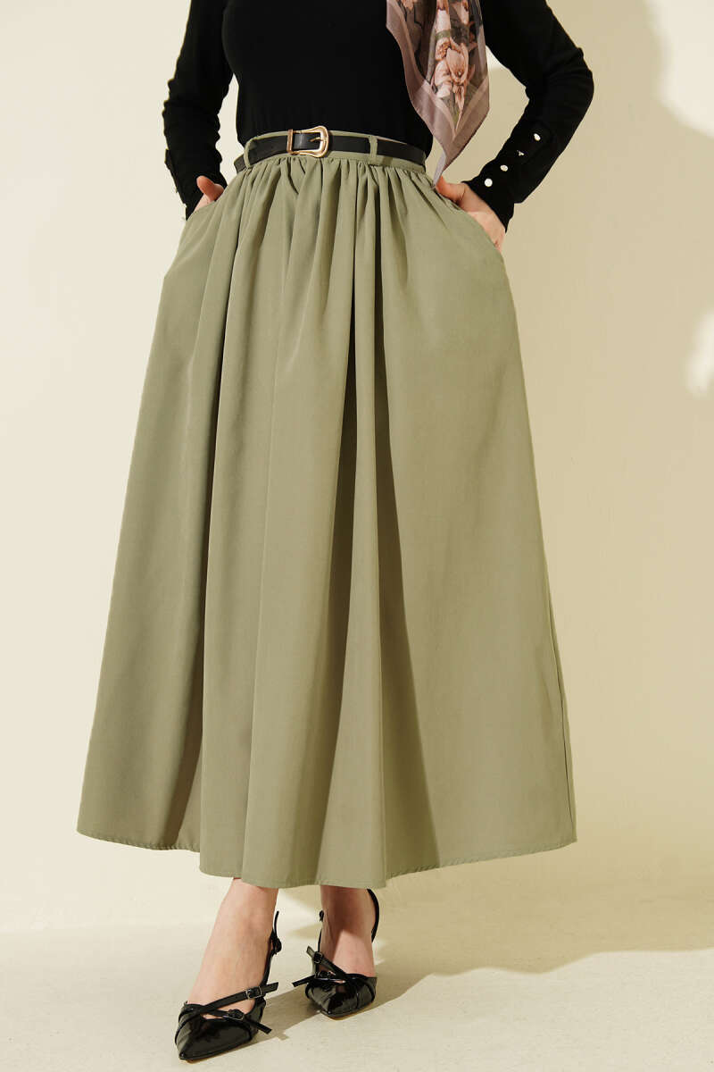 Belted Skirt with Gathered Waist and Pockets - Almond Green