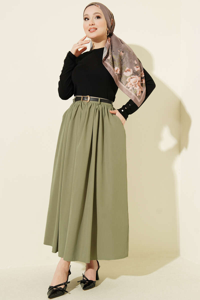 Belted Skirt with Gathered Waist and Pockets - Almond Green