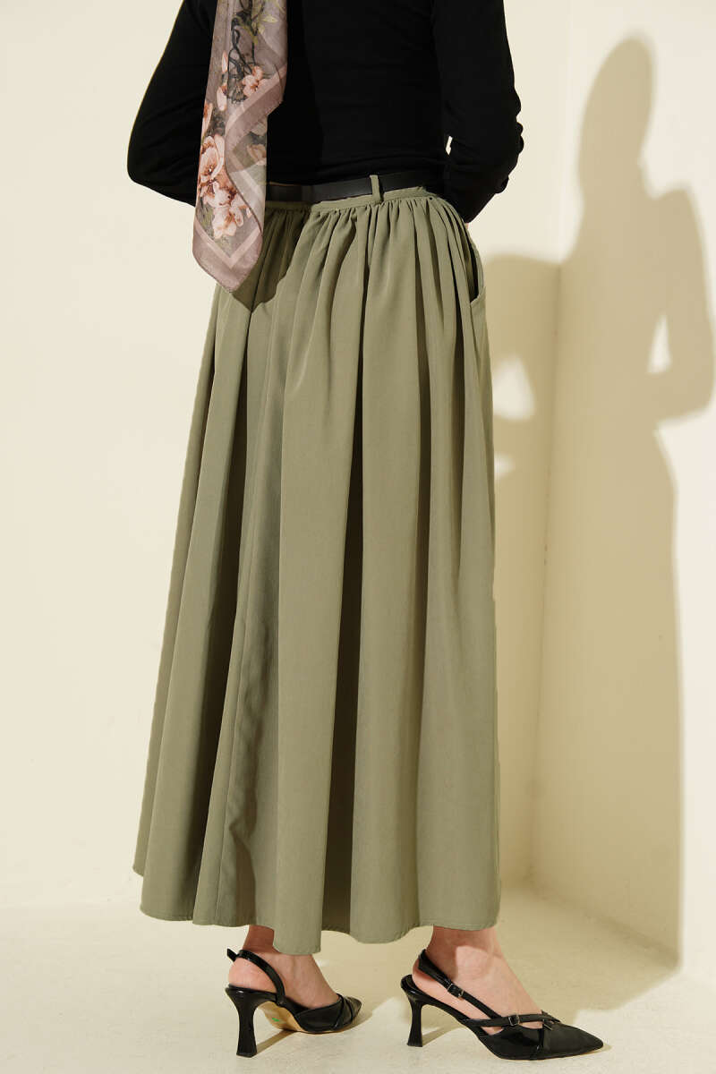 Belted Skirt with Gathered Waist and Pockets - Almond Green