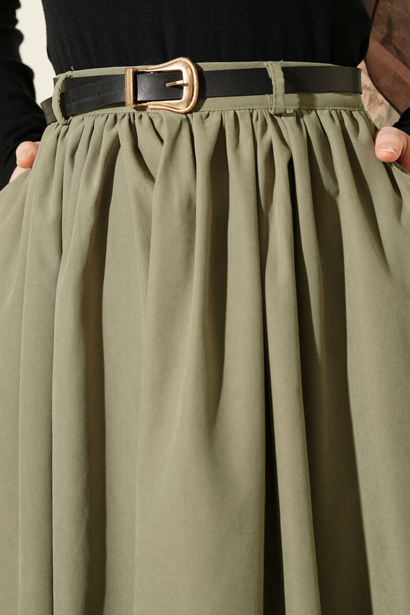 Belted Skirt with Gathered Waist and Pockets - Almond Green