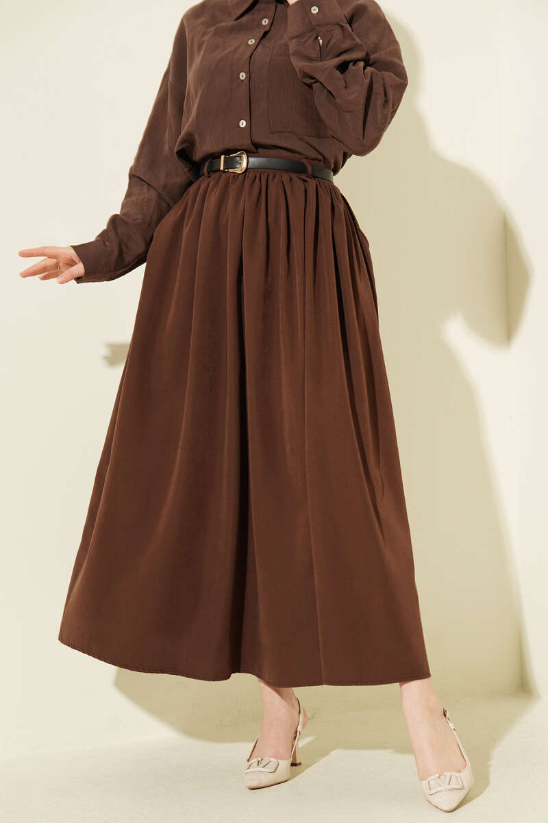 Belted Skirt with Gathered Waist and Pockets - Brown