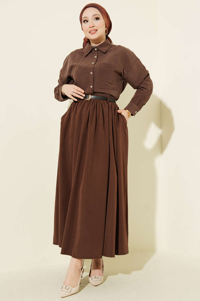 Belted Skirt with Gathered Waist and Pockets - Brown