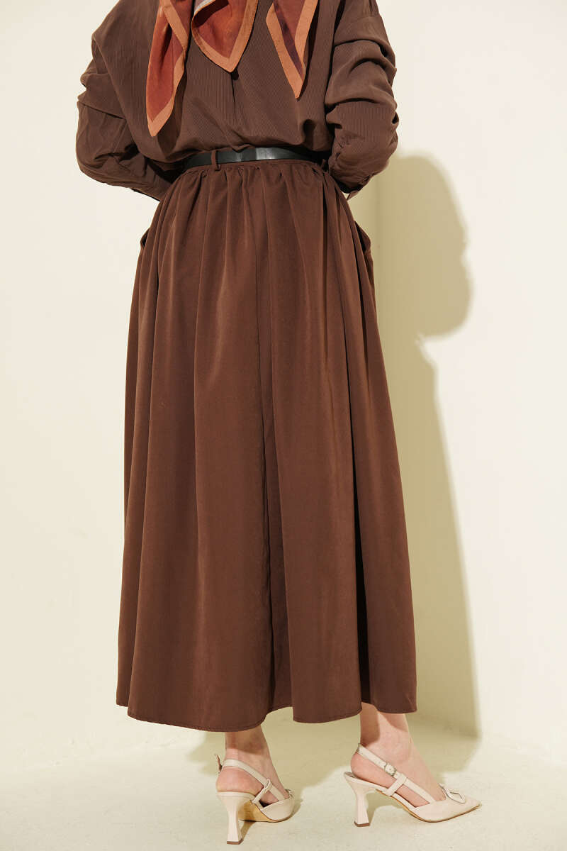 Belted Skirt with Gathered Waist and Pockets - Brown