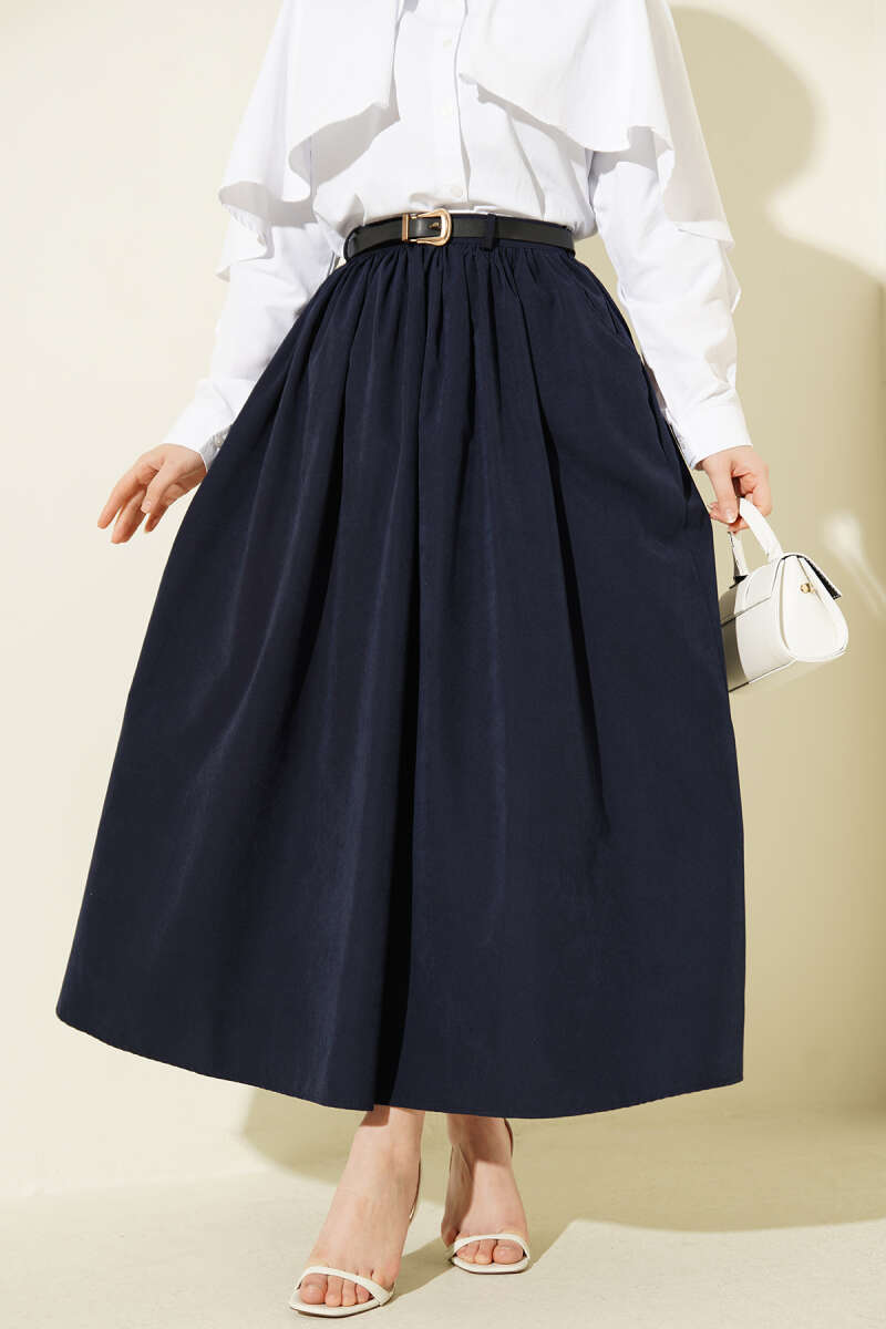 Belted Skirt with Gathered Waist and Pockets - Navy