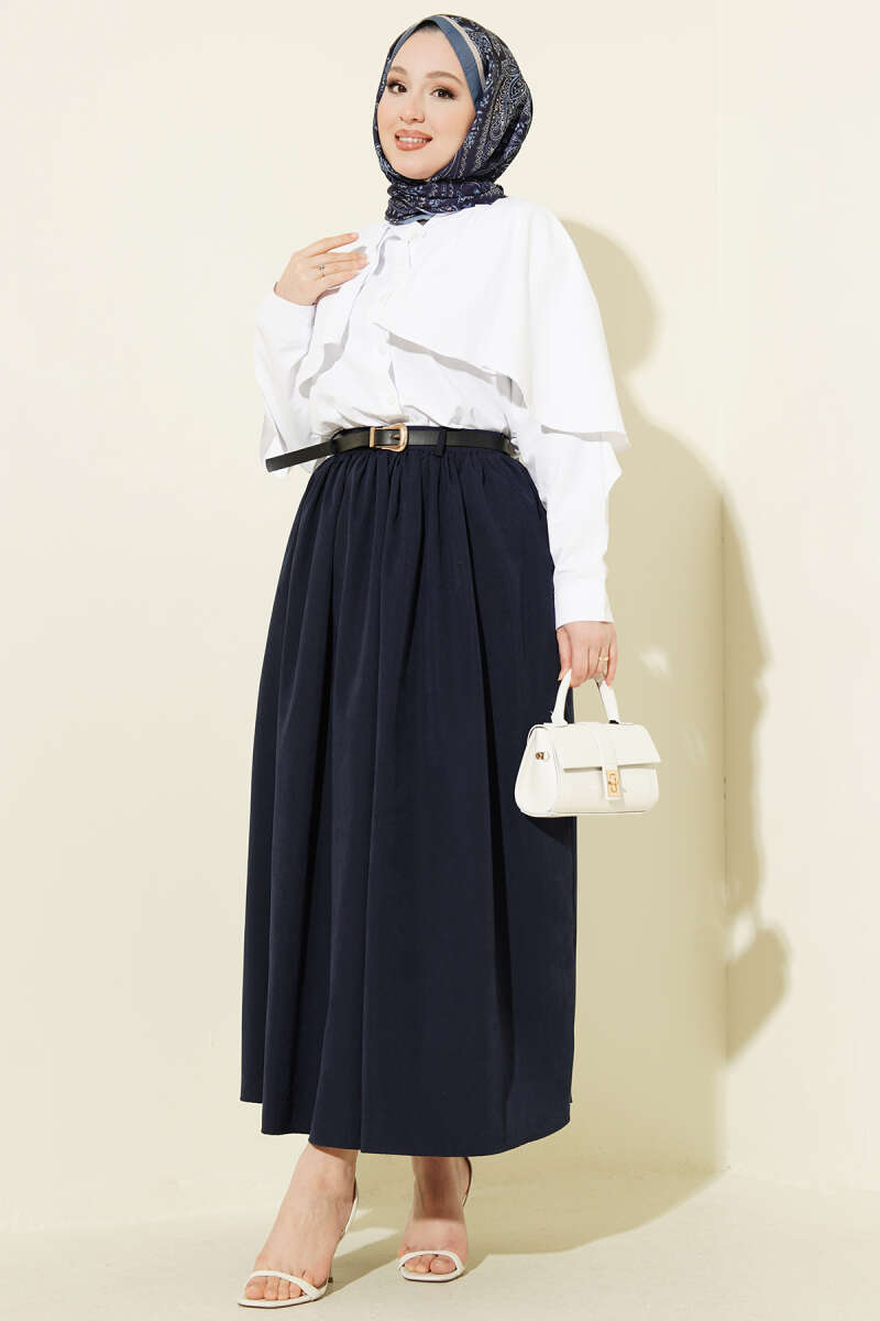 Belted Skirt with Gathered Waist and Pockets - Navy